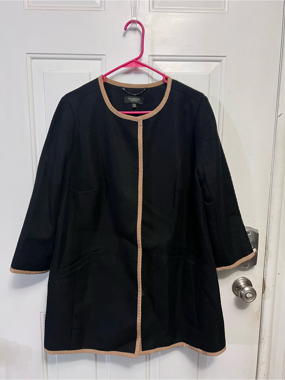 Talbots Woman Petites 14WP Black Jacket Camel Trim Cotton Blend Lined Pockets